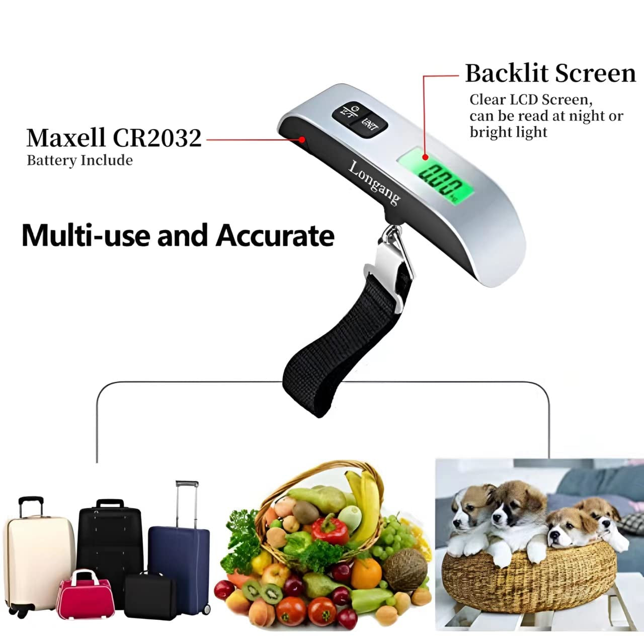 Travel-Ready Digital Luggage Scale – Portable, Lightweight, Backlit Display, 110 lb Capacity, Hook & Battery Included for Easy Weighing