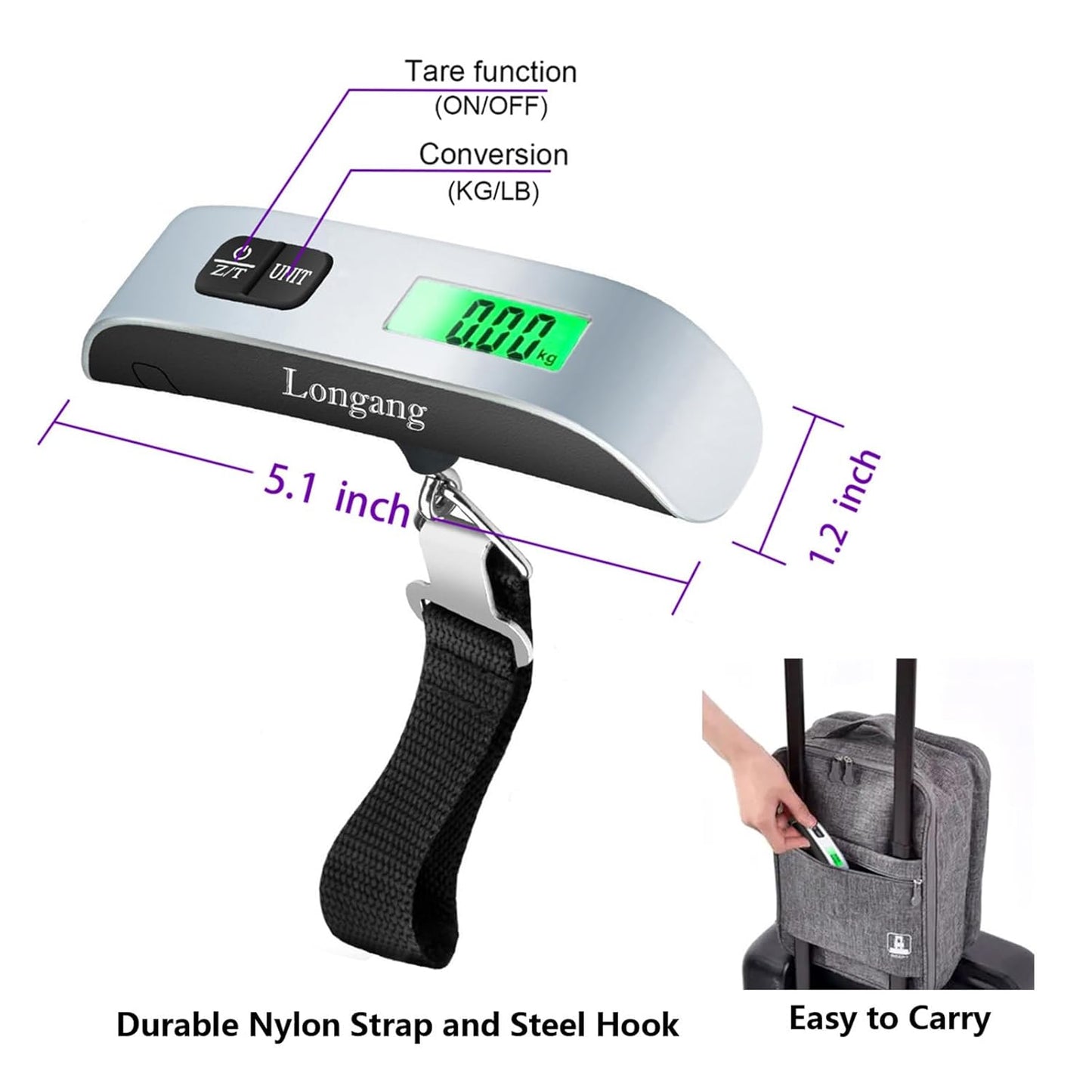Travel-Ready Digital Luggage Scale – Portable, Lightweight, Backlit Display, 110 lb Capacity, Hook & Battery Included for Easy Weighing