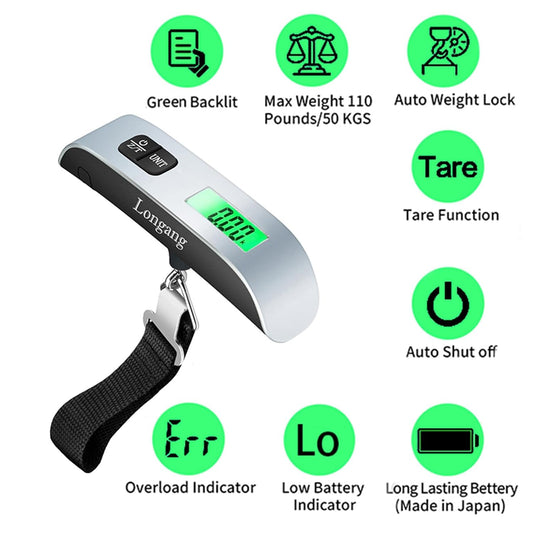Travel-Ready Digital Luggage Scale – Portable, Lightweight, Backlit Display, 110 lb Capacity, Hook & Battery Included for Easy Weighing