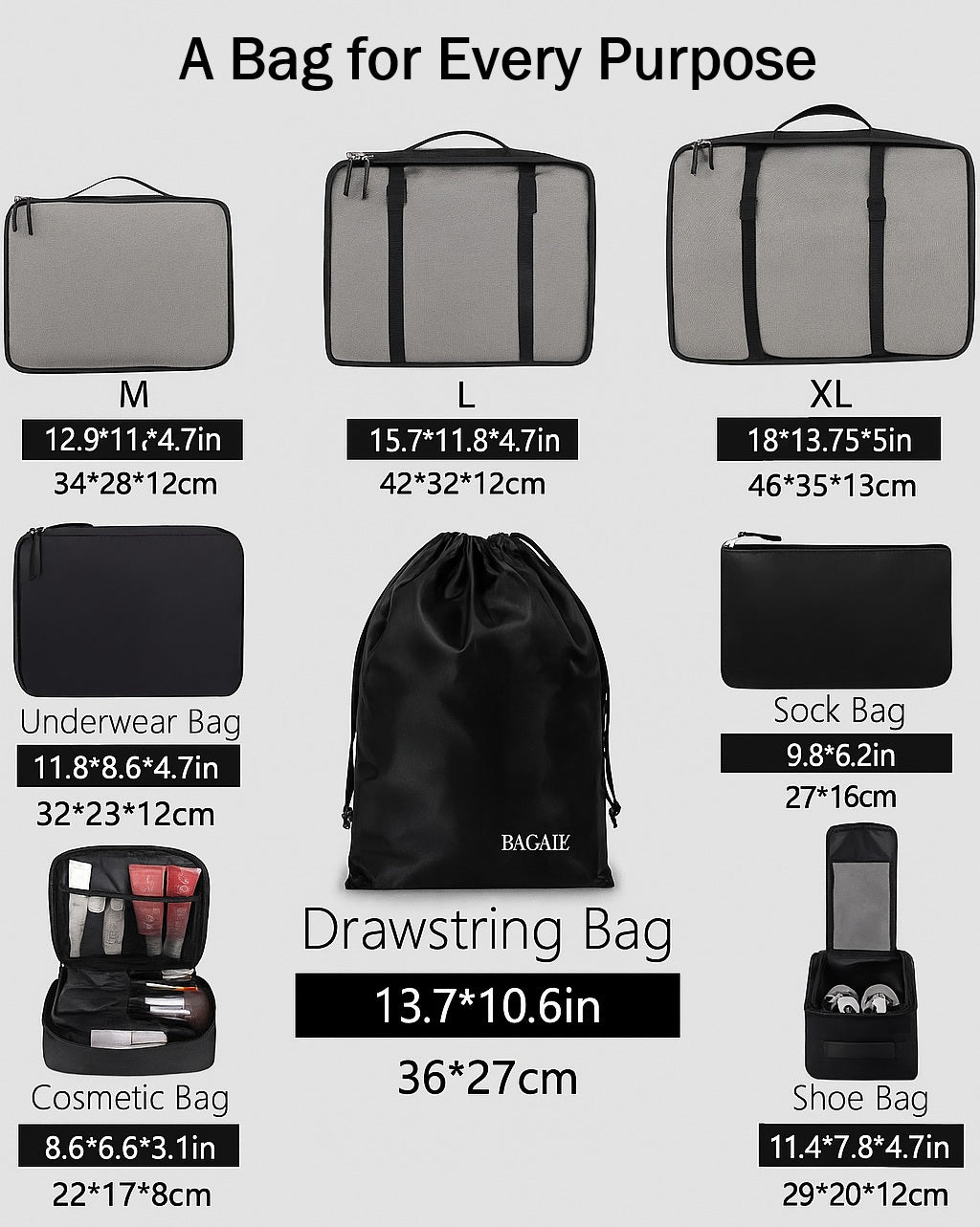 8-Piece Packing Cubes Set – Jet Black Travel Organizers for Luggage, Clothes & Accessories