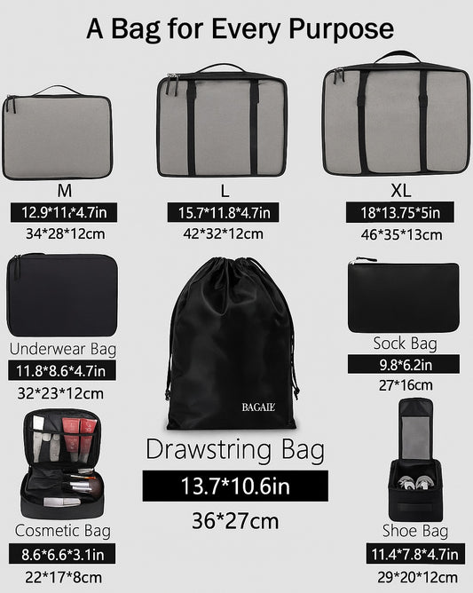 8-Piece Packing Cubes Set – Jet Black Travel Organizers for Luggage, Clothes & Accessories