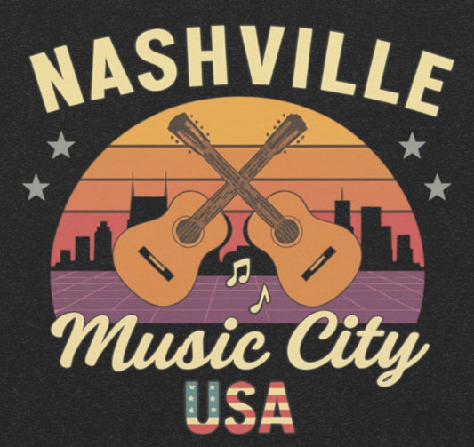 Nashville Music City USA T-Shirt | Retro Sunset Guitar Skyline Graphic T-Shirt